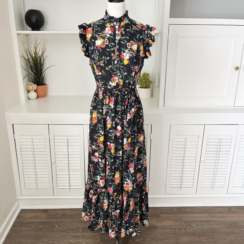 Zimmermann Black Floral Elka Vine Print Silk Frill Midi Dress Size 6/S